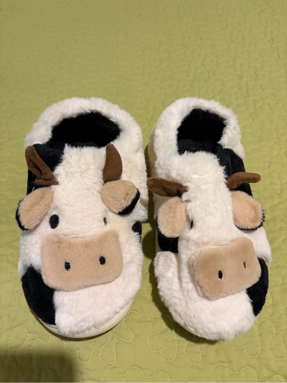 Cow Plush Slippers - White, Black & Tan Cute Slip-Ons